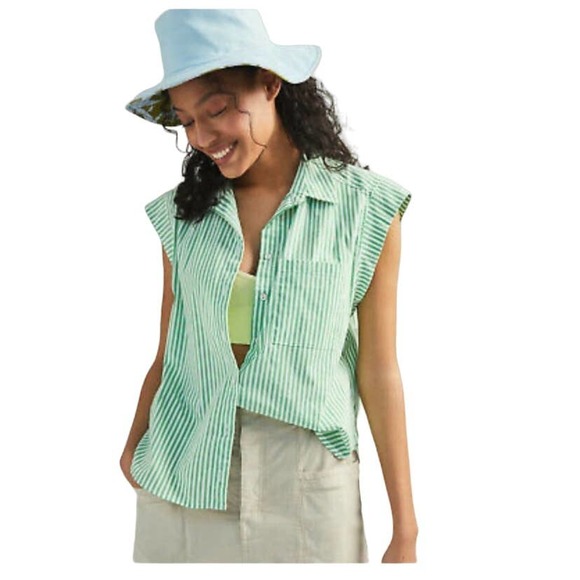 Anthropologie Tops - Anthropologie Maeve Womens Clarise Blouse Size Large Green Striped Short Sleeve